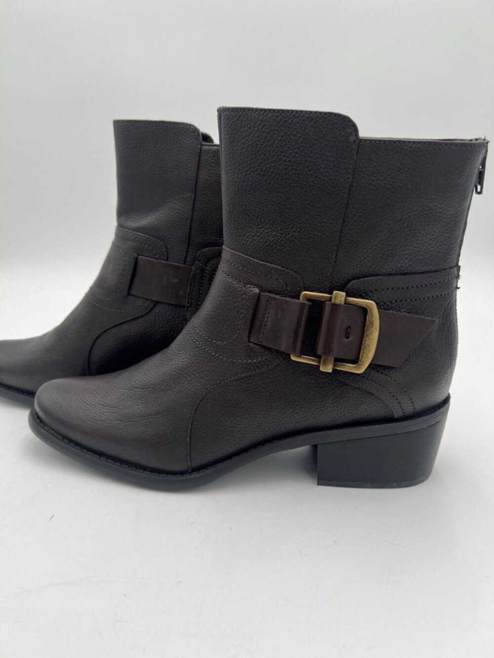 Nine West Sylvia Ankle Boots Brown Pebbled Leather Buckle Block Heel Size 9 NWOB - Picture 4 of 14
